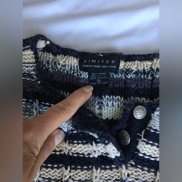 90’s The Limited navy/blue/white/tan knit sweater with button accent. - Picture 3 of 8